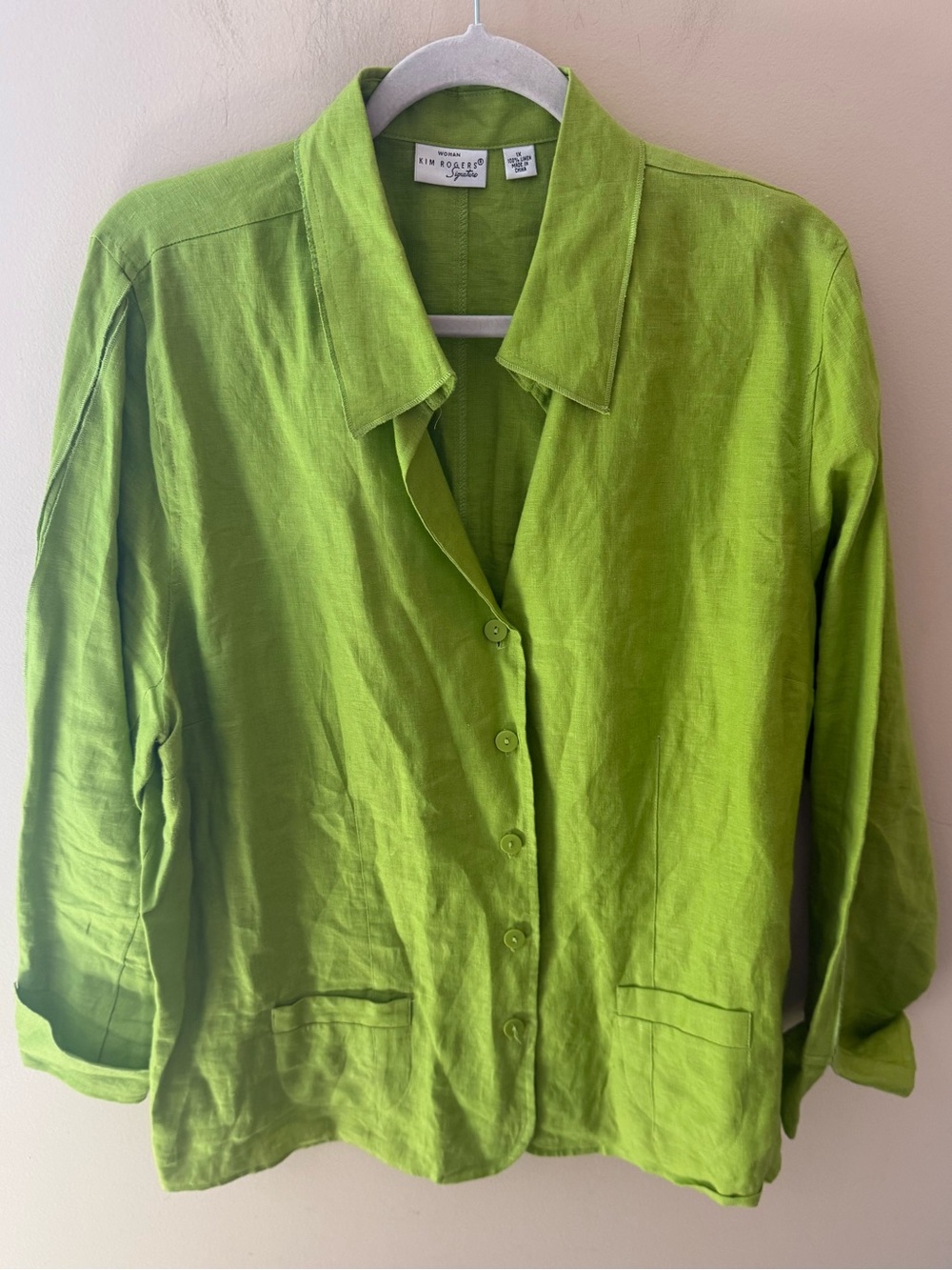 Kim Rogers Linen Button Down jacket pockets vintage lime green size 1X